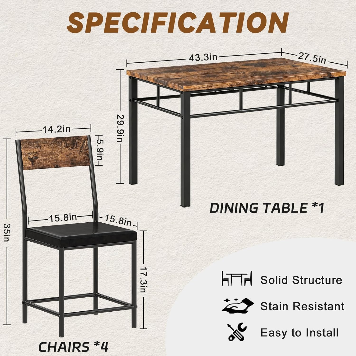Viugex 5-Piece Dining Table Set for 4, Modern Wooden Kitchen Table with Upholstered Chairs, Space-Saving Rectangle Dining Room Table for Small Space, Dinette, Apartment, Easy to Assemble, Rustic Brown