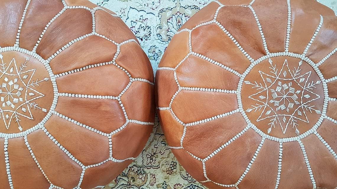 ARTOUARZAZATE Set of 2 Amazing Moroccan Pouf. Moroccan Pouf Cover, Genuine Goatskin Leather - Bohemian Living Room Decor - Cover ONLY - Stuffing is NOT Included (Brown)