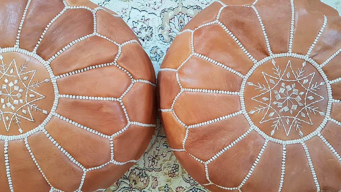 ARTOUARZAZATE Set of 2 Amazing Moroccan Pouf. Moroccan Pouf Cover, Genuine Goatskin Leather - Bohemian Living Room Decor - Cover ONLY - Stuffing is NOT Included (Brown)