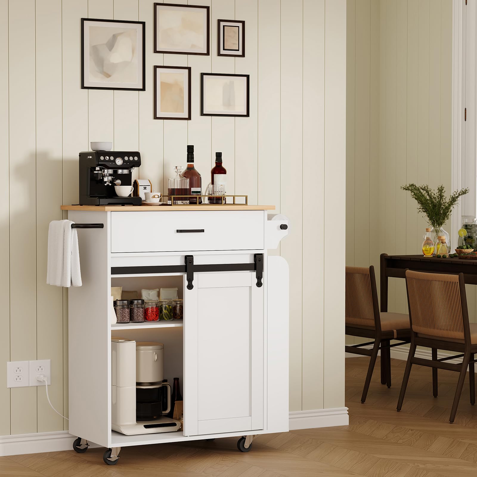 YATINEY Kitchen Island with Storage, Mobile Kitchen Cart with Charging Station, Kitchen Island on Wheels, Rolling Island Table with Sliding Cabinet Door, White and Natural ZD01UWN