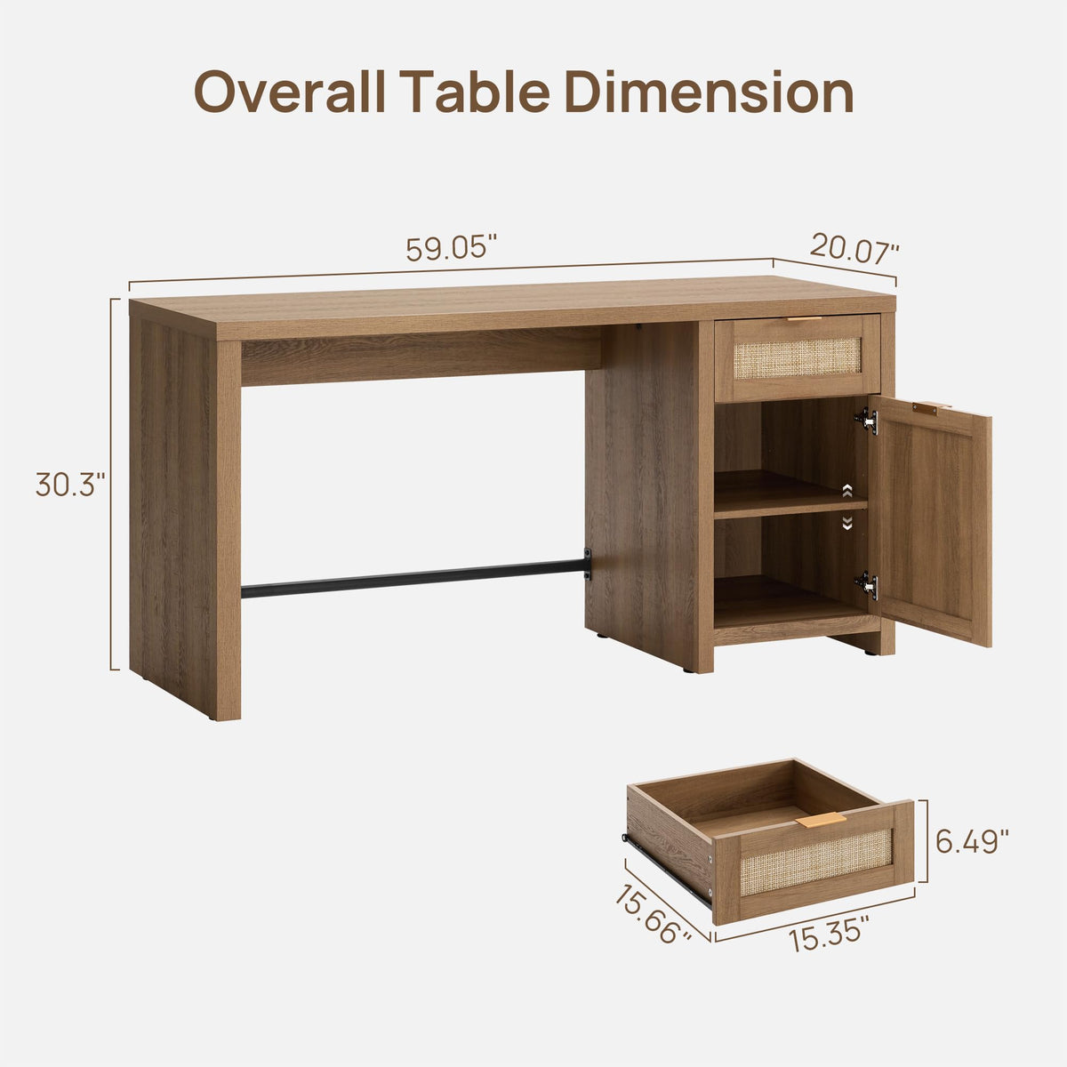 SICOTAS Rattan Computer Desk Wood Desk with Drawer, 59" Home Office Desk