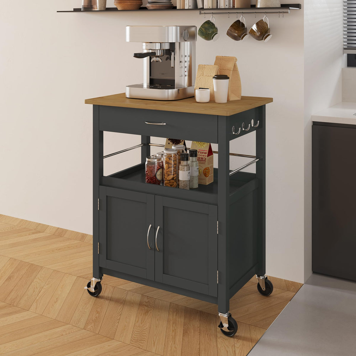 eHemco Kitchen Island Cart on Wheels, Gray Base, Natural Bamboo Top