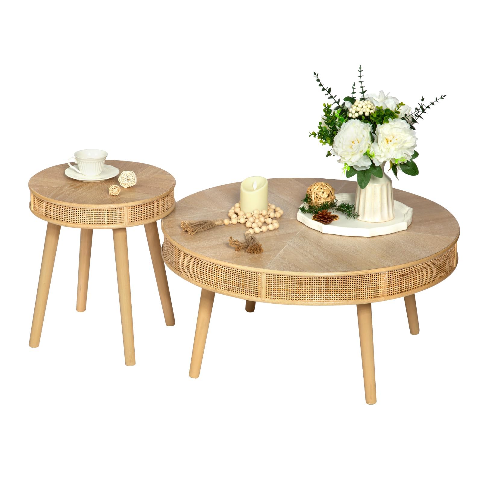 RUSTOWN 2-Piece Farmhouse Coffee Table, Modern Rustic Sofa Side Tea Tables, Solid Wood Finish with Crafted Rattan Side and End Table Sets for Living Room (Natural)