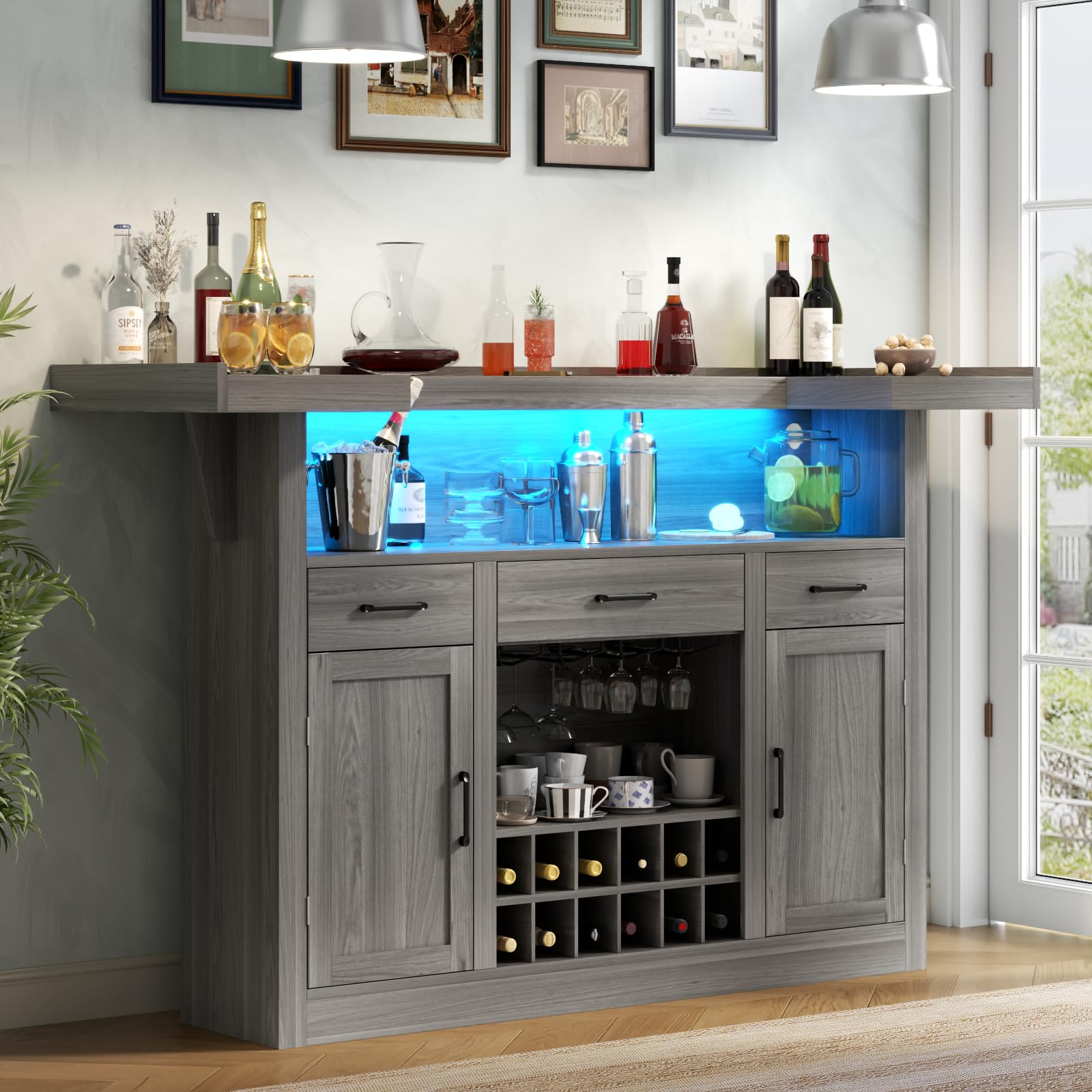 Wine Bar Cabinet with LED, 3 Drawers & Adjustable Wine Rack