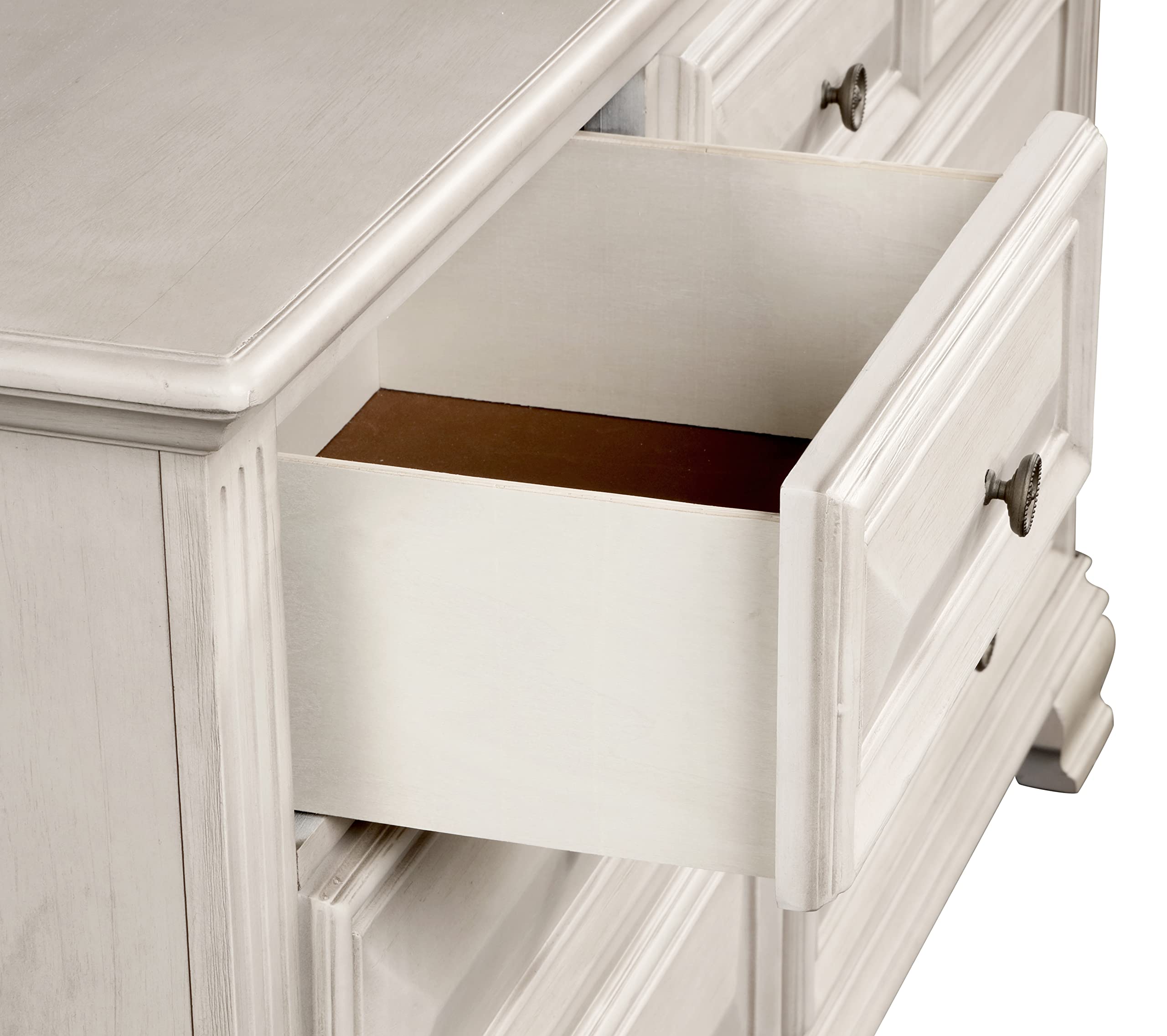 Roundhill Furniture Renova Distressed Parchment Wood Bedroom Set, Queen Panel Bed, Dresser, Mirror, Nightstand, Chest