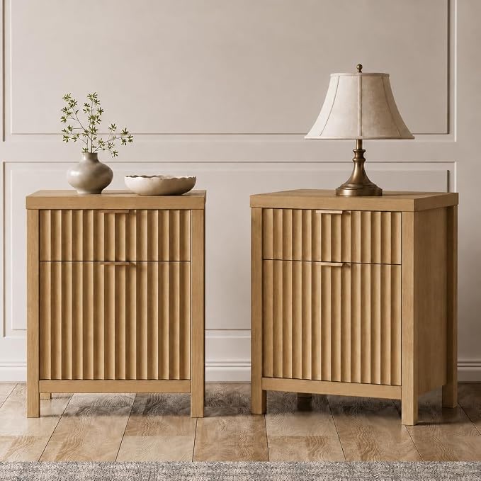 Fluted Nightstands with Charging Station, Set of 2