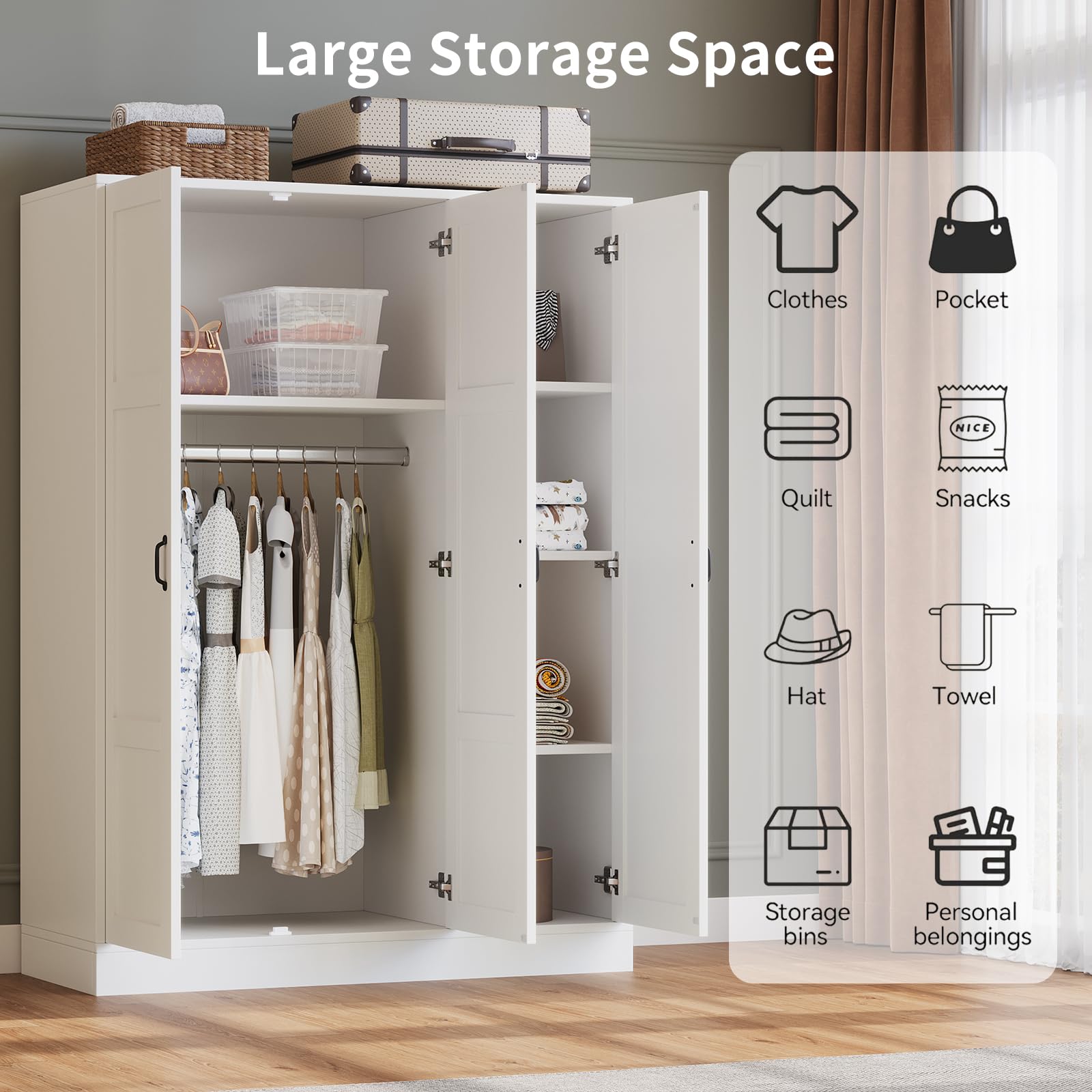 Yanosaku 3-Door Armoire Wardrobe Closet with Full Length Acrylic Mirror, Armoire with Adjustable Shelves & Hanging Rod, Freestanding Storage Cabinet for Bedroom, White