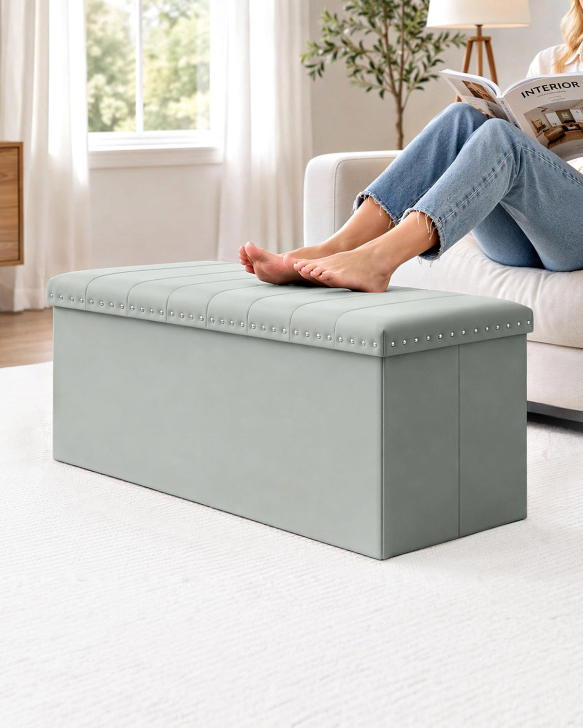 B FSOBEIIALEO 43" Tufted Storage Ottoman Bench Storage Chest, Sage Green