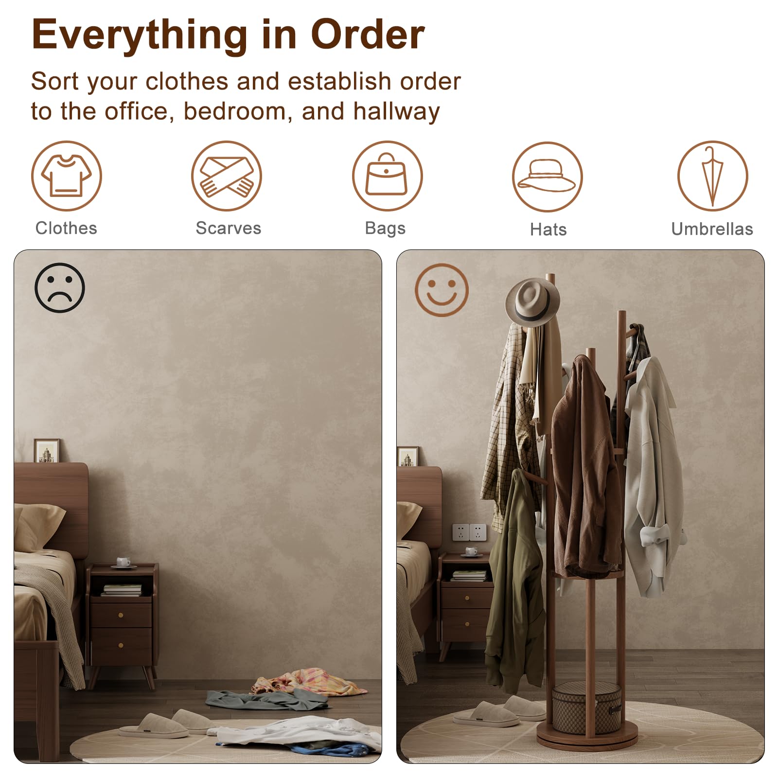 Rotating Wood Coat Rack with Shelves & Hooks