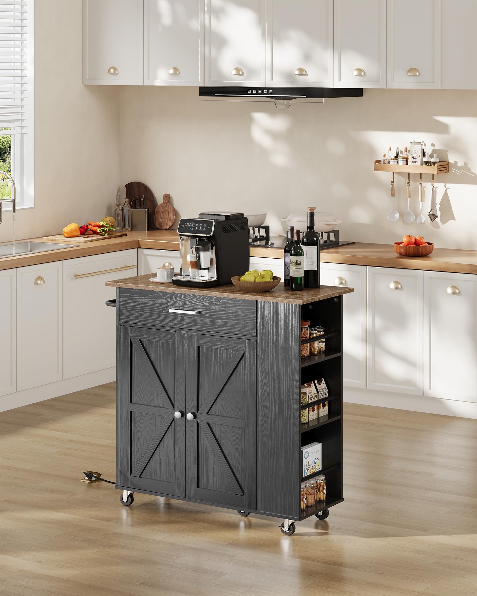 CHOEZON Kitchen Island Cart with Storage, Bar Cart with Charging Station, Kitchen Island on Wheels, Rolling Mobile Table with Cabinet, 3 AC Outlets, Black and Walnut MZD04UBL