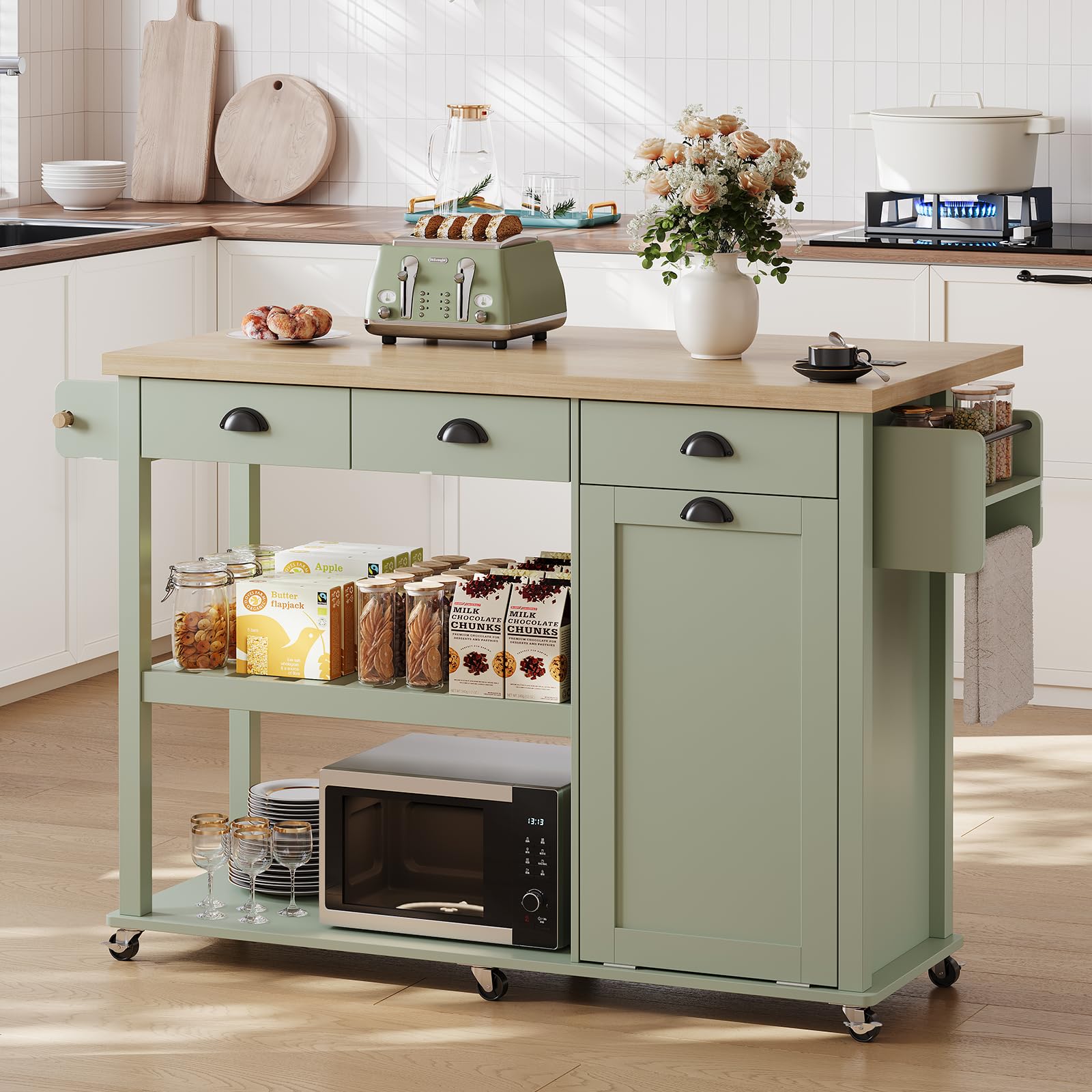 Rolling Kitchen Cart with Drop Leaf & Trash Cabinet