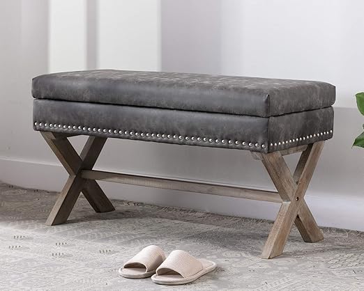 PU Leather Upholstered Entryway Bench with X-Shaped Wood Legs