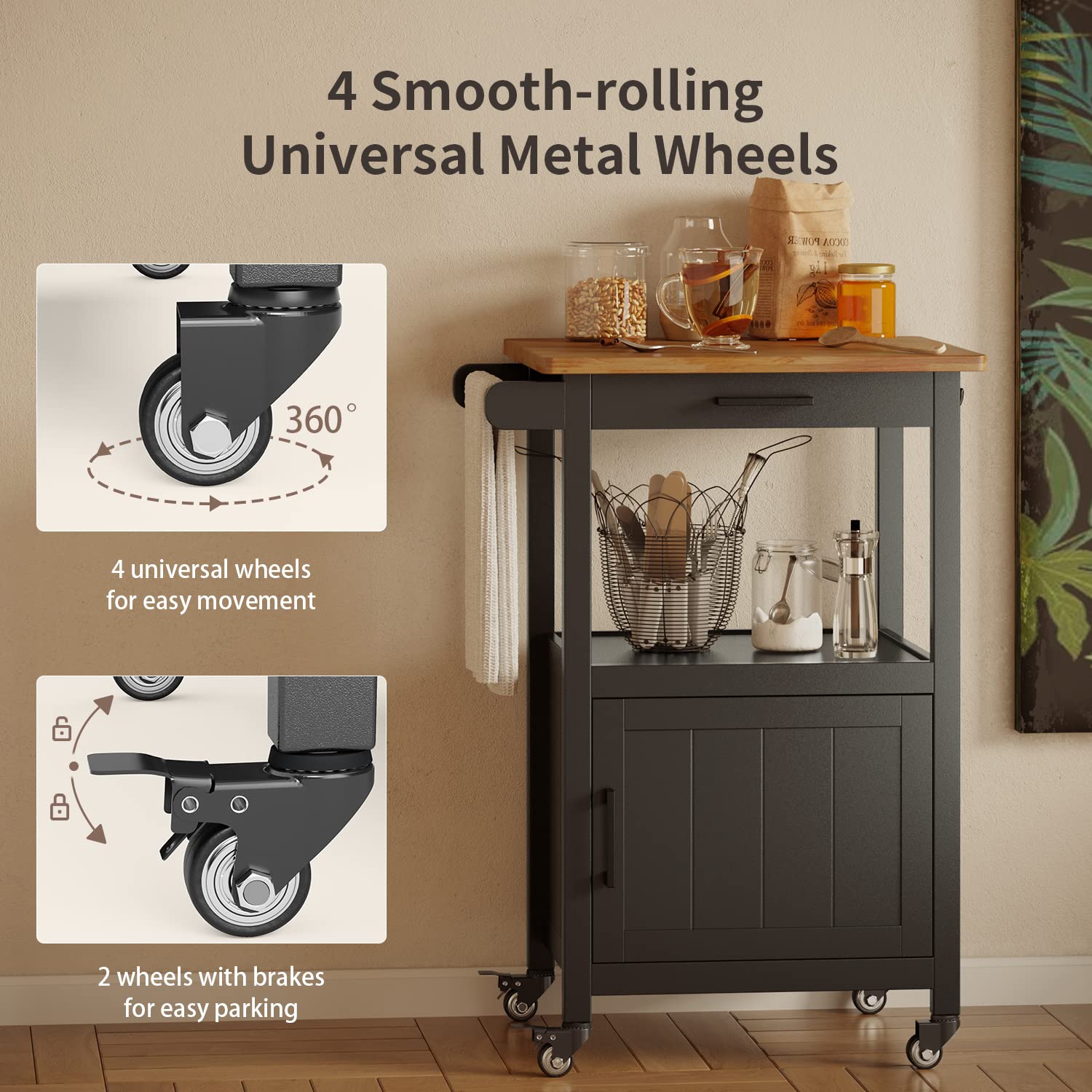 Qsun Kitchen Island on Wheels with Drawer, Storage Cabinet, Shelf and Side Hook, Rolling Kitchen Cart with Rubber Wood Countertop, Microwave Cart for Small Space, Black