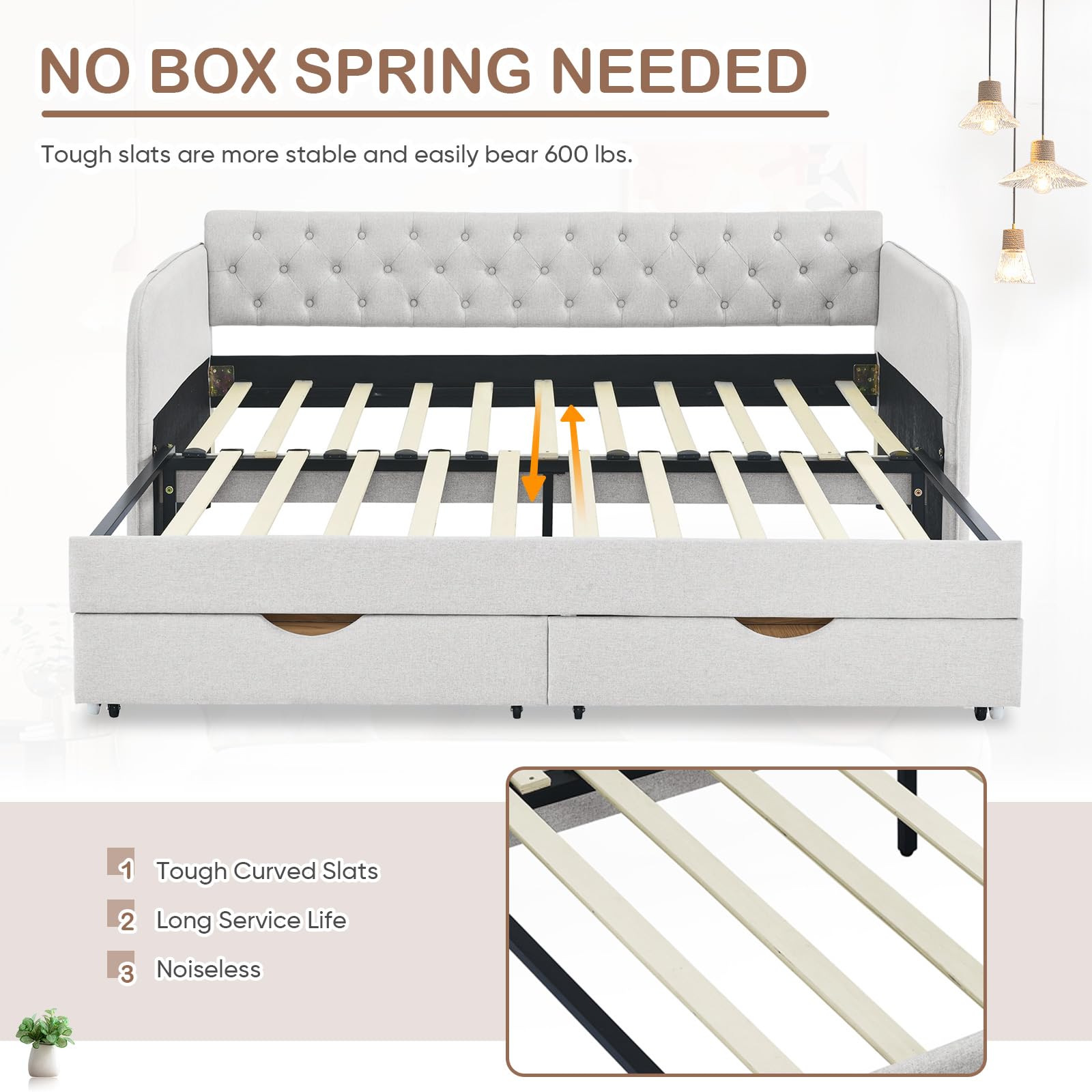 Antetek 80.5" Daybed with Drawer, Modern Button Tufted Linen Day Bed with Trundle Bed Twin to King, Upholstered Daybed Frame w/Storage Pocket for Bedroom, Living Room, No Box Spring Needed, Beige