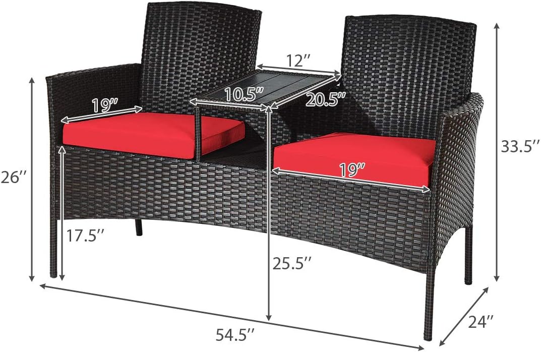 Outdoor Wicker Loveseat Sofa Set with Built-In Coffee Table
