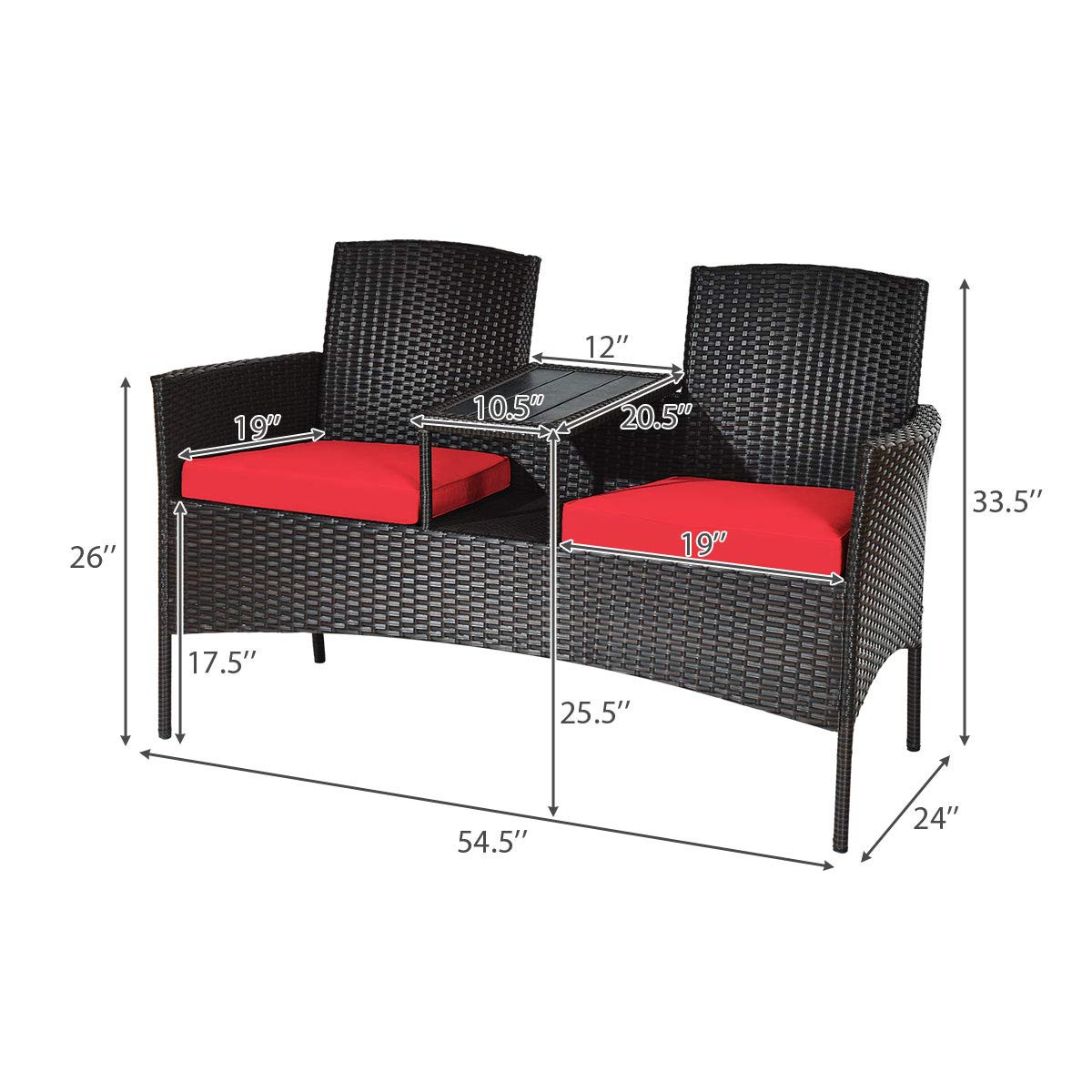 Outdoor Wicker Loveseat Sofa Set with Built-In Coffee Table