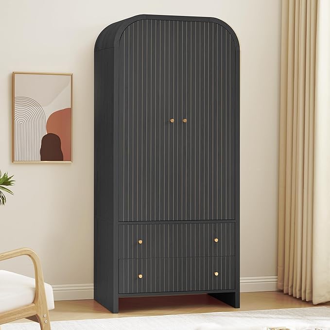 Arched Armoire Wardrobe Closet with Hanging Rod & 2 Drawers