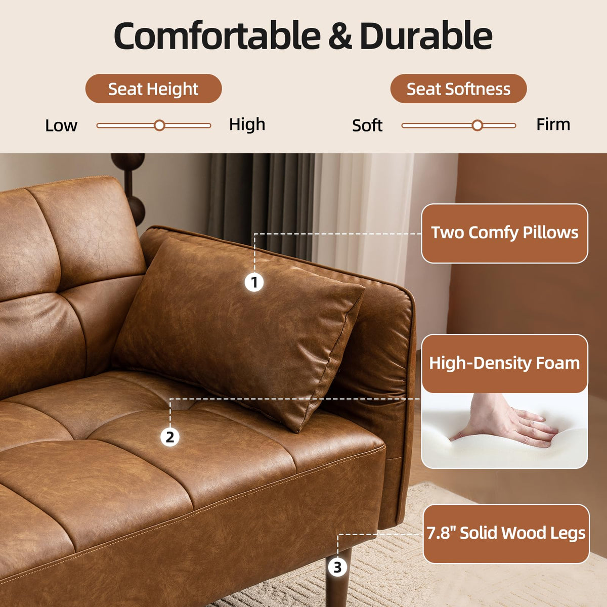 HALLYBEE 85" Futon Faux Leather Couch with Adjustable Armrests Brown