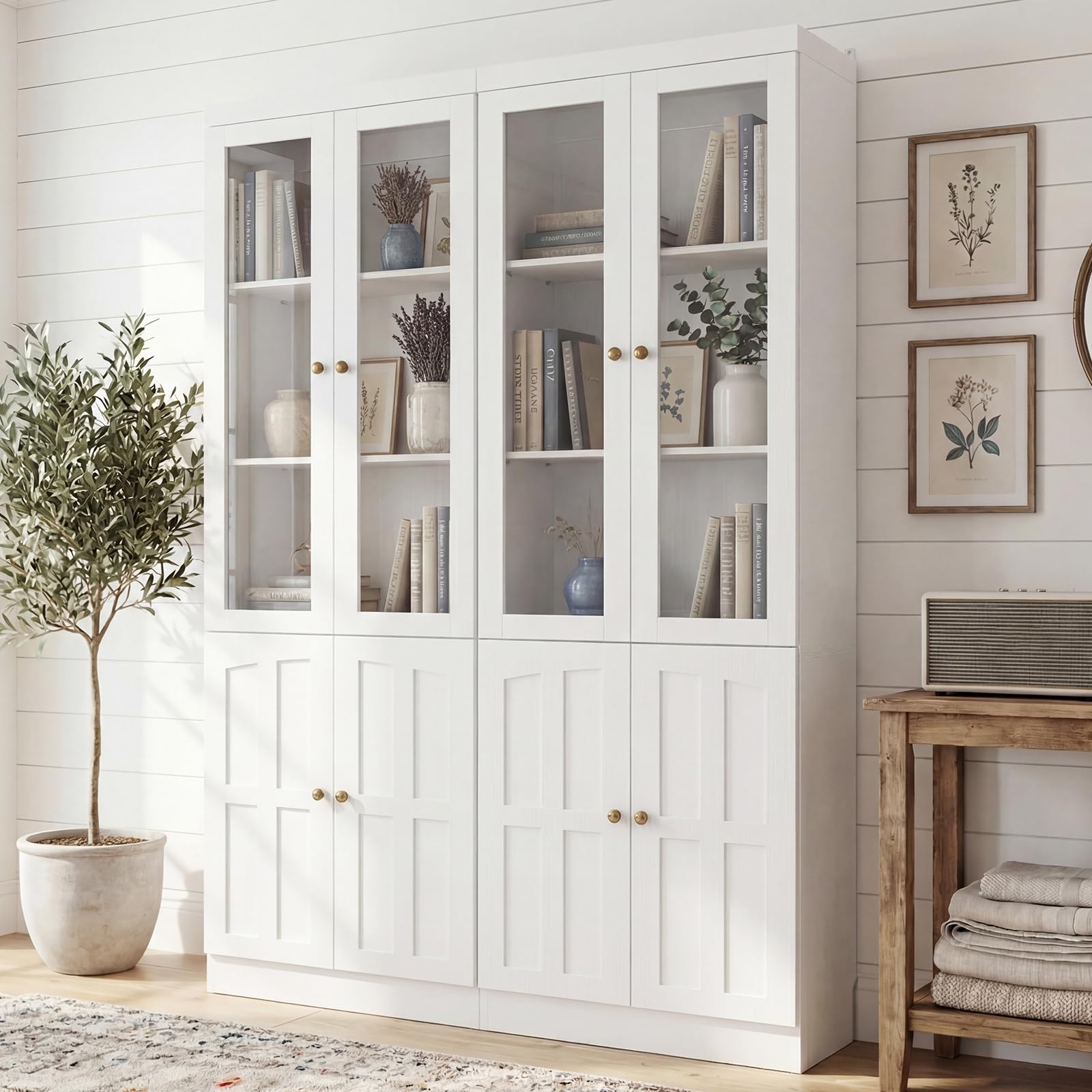 Cyclysio 80" Bookshelf with Glass Doors and Thickened Top Panel, Farmhouse Bookcase with Adjustable Shelves, Tall Bookshelf Display Cabinet for Living Room & Home Office, White, Set of 2