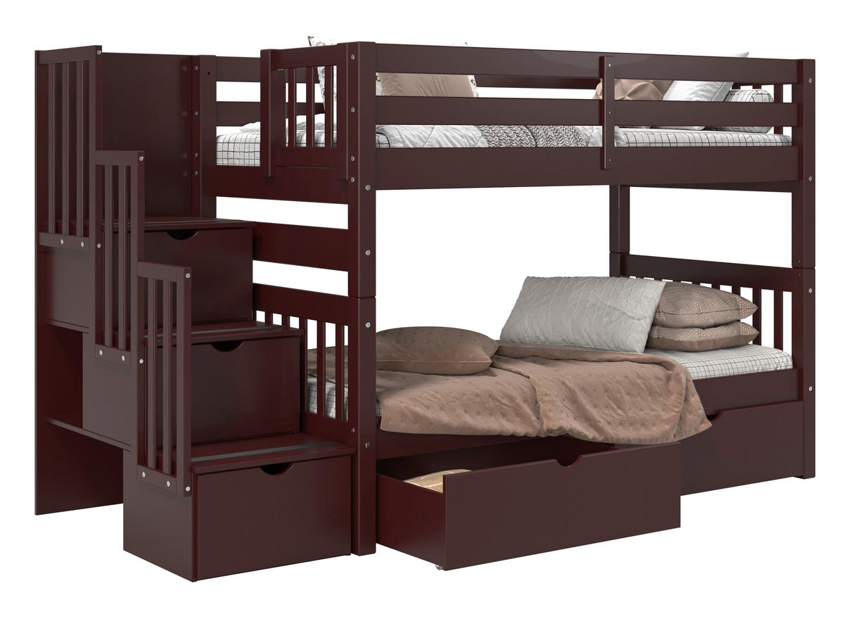 Bedz King Stairway Bunk Beds Twin Over Twin, 3 Step Drawers, 2 Storage Drawers, Dark Cherry