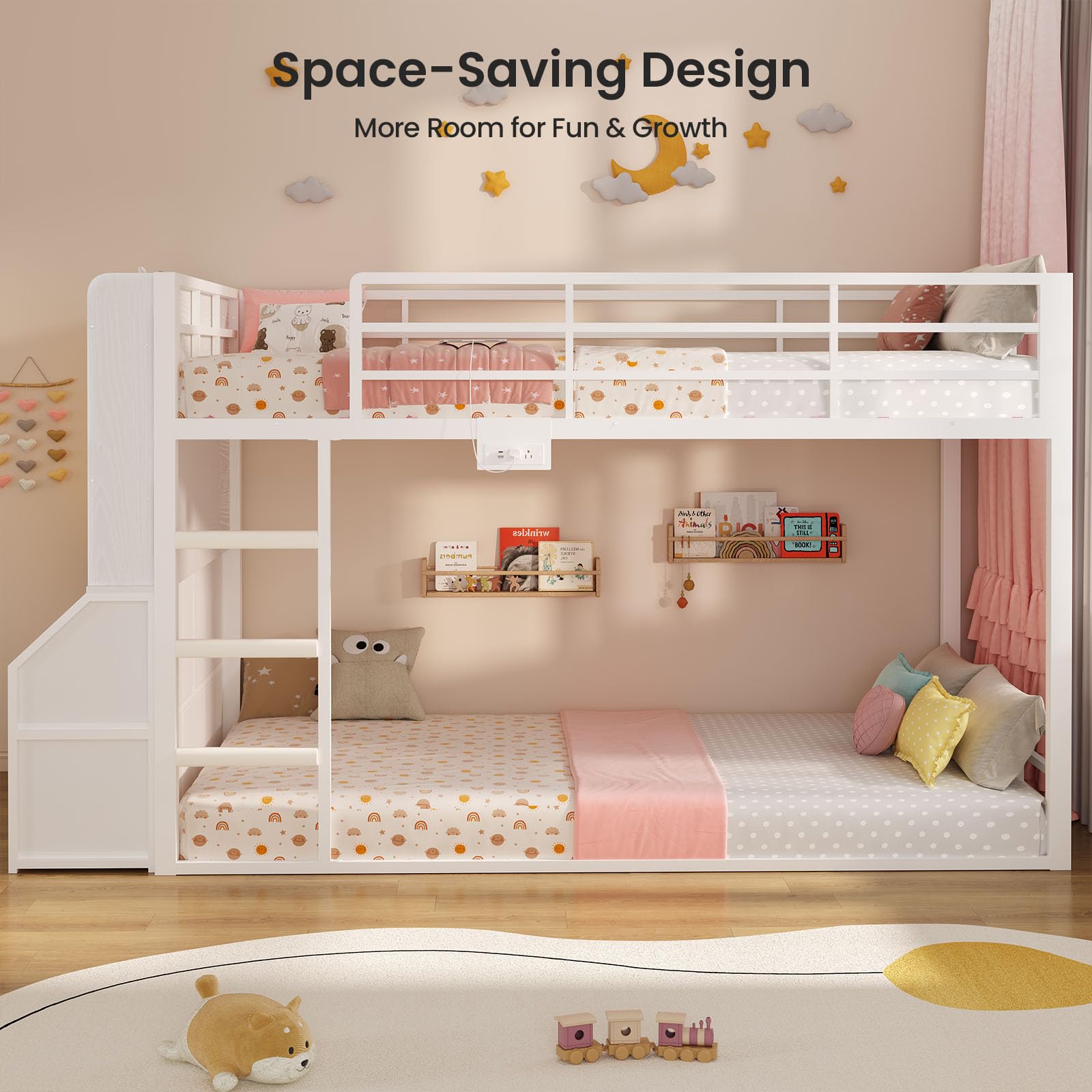 ADORNEVE Low Bunk Bed Twin Size with Bookshelf, Toy Organizer & Storage Drawers, Metal Floor Bunk Bed Twin Over Twin with RGB Lights & Charging Station, Safety Guardrail & Ladder, Small Space, White