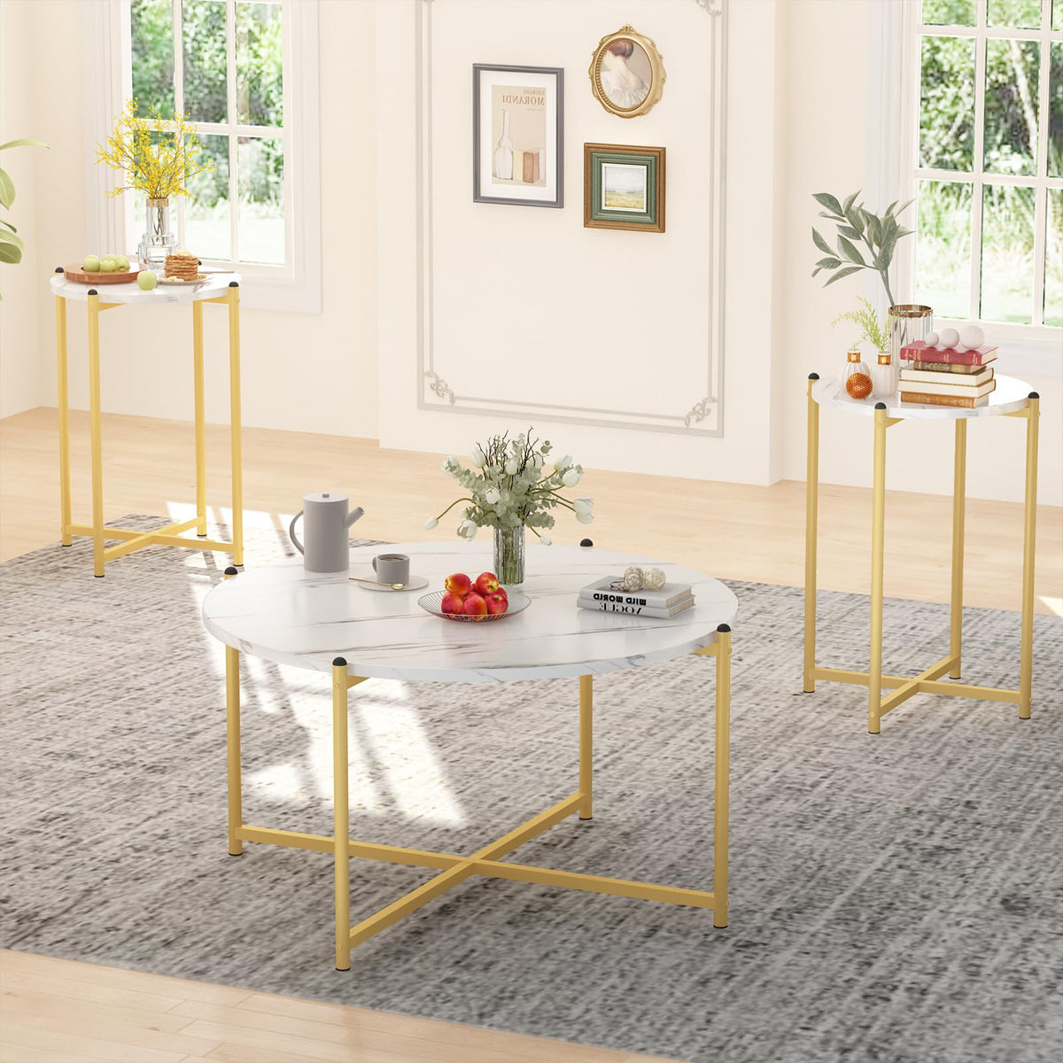 Lamerge Coffee Table Set of 3,Modern Faux Marble Top with Golden Frame,1 Coffee Table & 2 Accent Table, Living Room Table Set, for Apartment,Office and So on,White & Gold (LCTR-W)