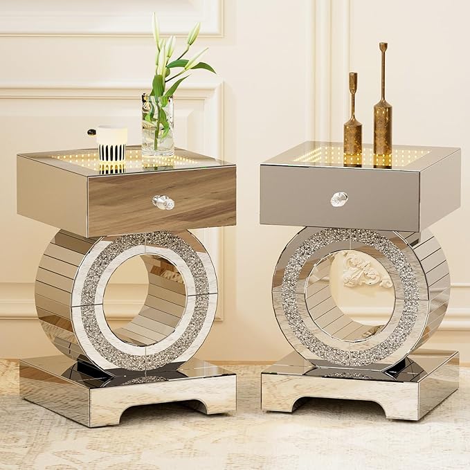 Mirrored LED End Table with Drawer