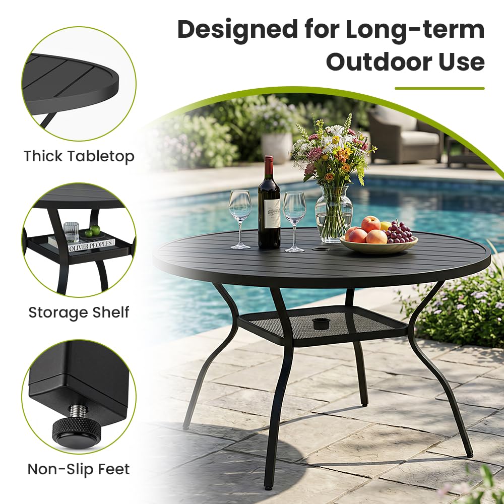 KWKSV 55.1 Inch Outdoor Dining Table for 6 – E-Coating Metal Round Patio Table with Adjustable 1.57" Umbrella Hole, All-Weather Table for Porch, Garden, Backyard, Poolside, Lawn