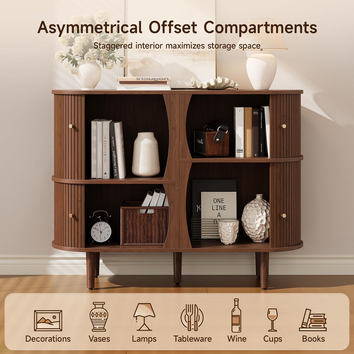 ONBRILL 48" Fluted Sideboard Buffet Cabinet, 4 Storage Cabinets, Walnut