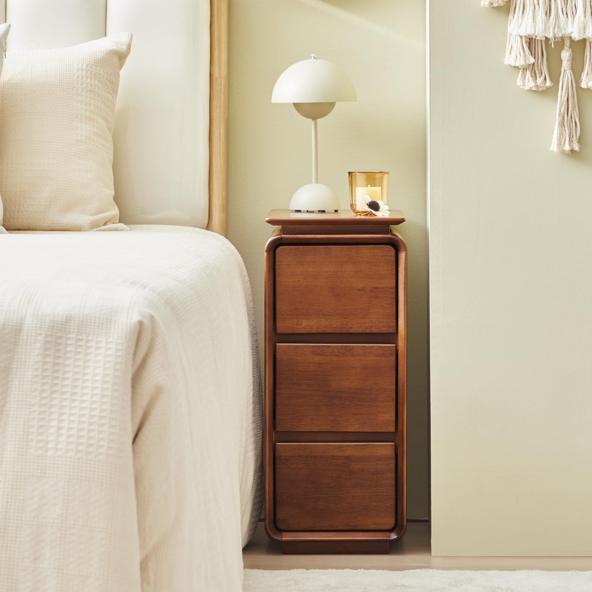 Solid Wood Nightstand, Fully Assembled Narrow Bedside Table for Bedroom