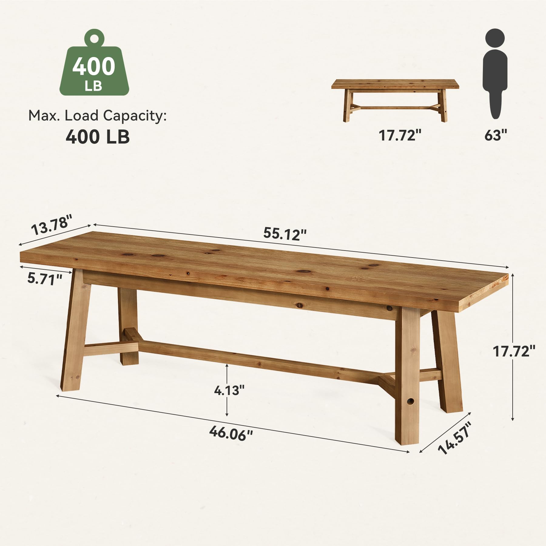 Solid Wood Dining Bench 55"