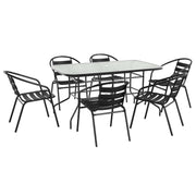 Flash Furniture Lila 7-Piece Glass Patio Table and Chairs Set, Outdoor Patio Dining Set with Rectangular Table and 6 Slat Back Patio Chairs, Black
