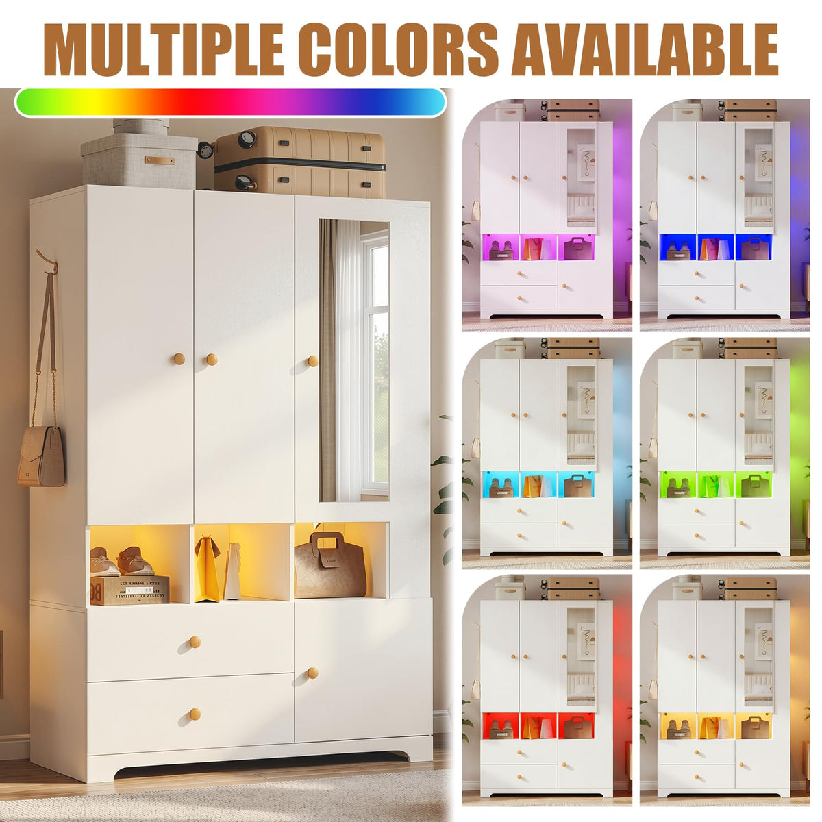 PAKASEPT 3‑Door Armoire Wardrobe Closet,71" Bedroom Cabinet with Mirror