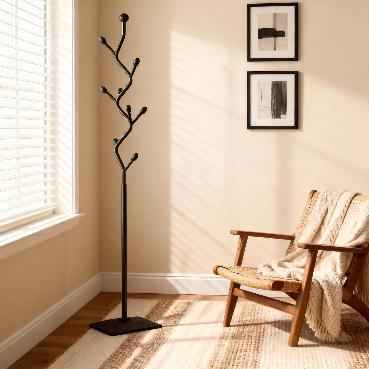 BUZUEY Coat Rack Freestanding Metal Tree Coat Rack Stand with Hooks, Modern Standing Hat Rack for Entryway Hallway Bedroom Office (black)