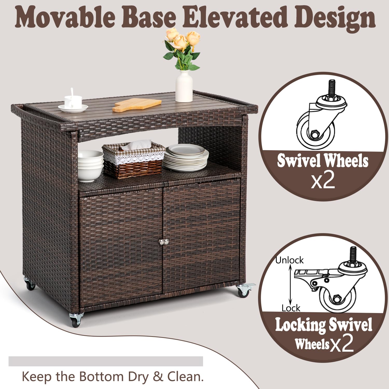 Outdoor Storage Cabinet,Outdoor Cabinet for Patio Outdoor Bar Cart with Rolling Heels Patio Bar Table with Storage Wicker Buffet Cabinet Prep Table Kitchen Serving Cart with Door,Shelves,Handle Brown