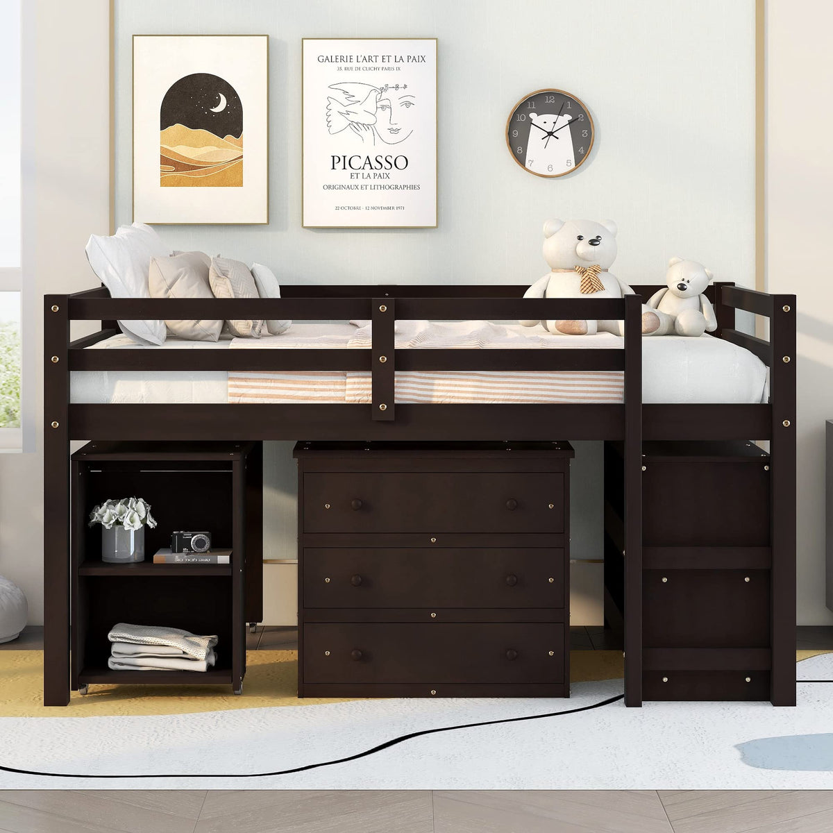 Merax Solid Wood Full-Size Low Loft Bed Frame with Ladder for Kids Bunk, Cabinet + Desk, Pure Espresso