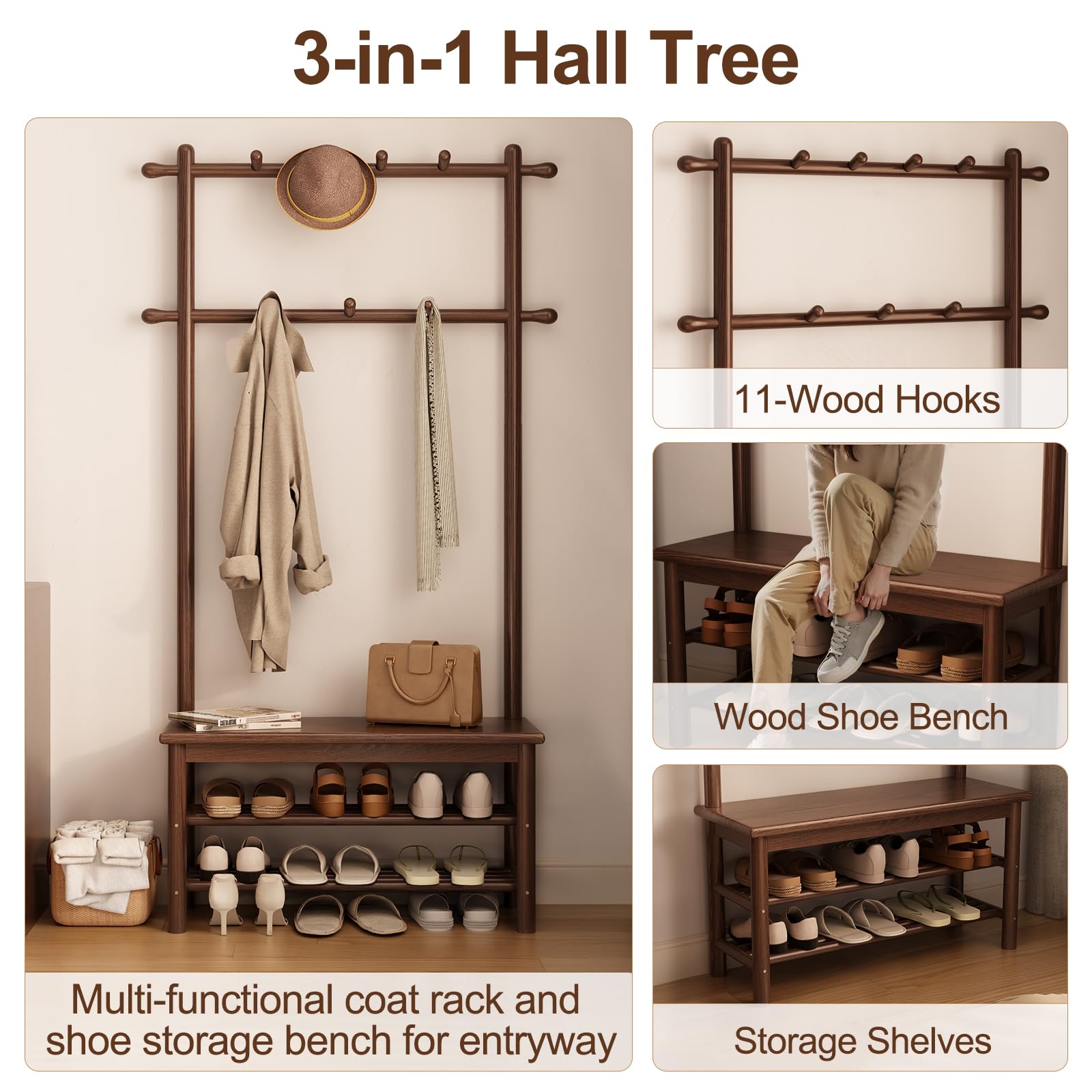 Solid Wood Hall Tree with Bench, 11 Hooks & 2-Tier Shoe Storage