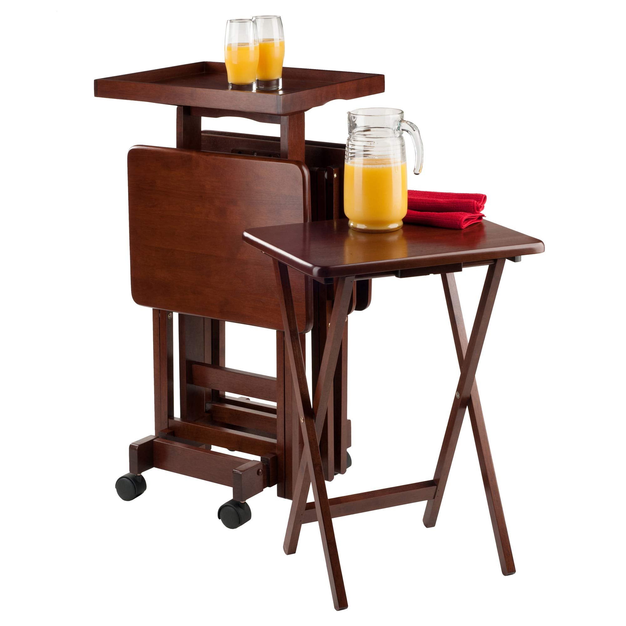 5-Piece Solid Wood Snack Table Set with Rolling Stand