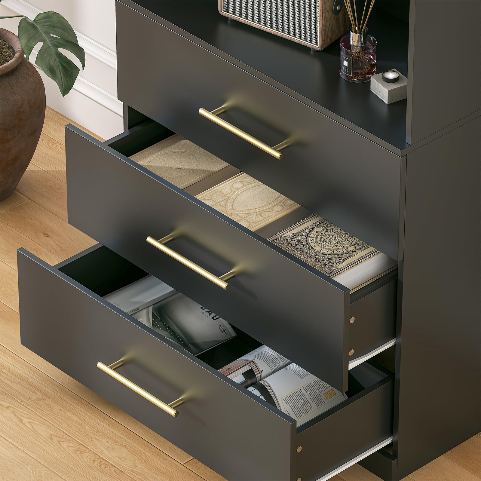 Winkalon 71" Tall Black Bookshelf with Drawers, Bookcase and Bookshelf with 3-Tier Open Shelves, Tall Bookcase Tall Storage Cabinet for Home Office Living Room, 13.8" D x 31.5" W x 71" H