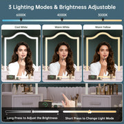 Corner Vanity with Mirror and Lights, Corner Makeup Vanity with 4 Drawers & 2 Cabinets, Vanity Set with Tri-Way Mirrors and Cushioned Stool, Big Vanities with Power Outlet Perfect for Bedroom, White
