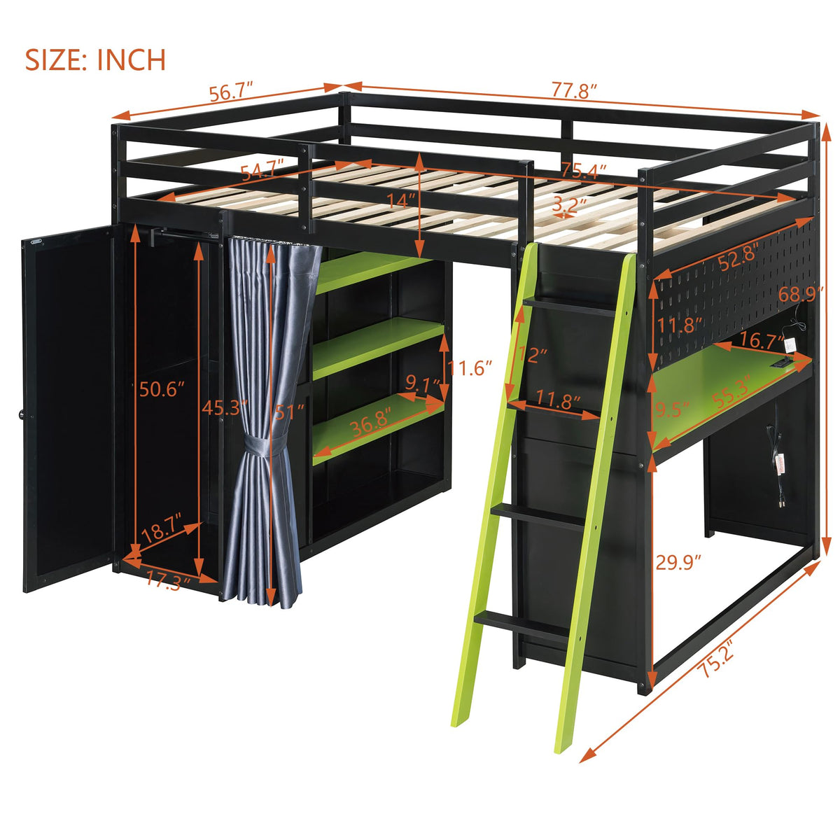 Merax Full Size Loft Bed with Desk and 6 Storage Shelves, Wardrobe, Blackout Curtain, Sturdy Wood Gaming Loft Bunk Bed Frame with USB Port & RGB Lights, No Box Spring Need, Space-Saving, Black+Green