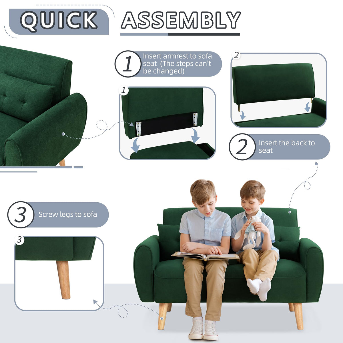 Shintenchi 48'' Loveseat Sofa, Mid-Century Modern Upholstered Couch Deep Seat with 2 Pillows, 10" Thick Cushion with Spring, Solid Wood Frame Small Couch for Living Room, Dorms & Office, Green