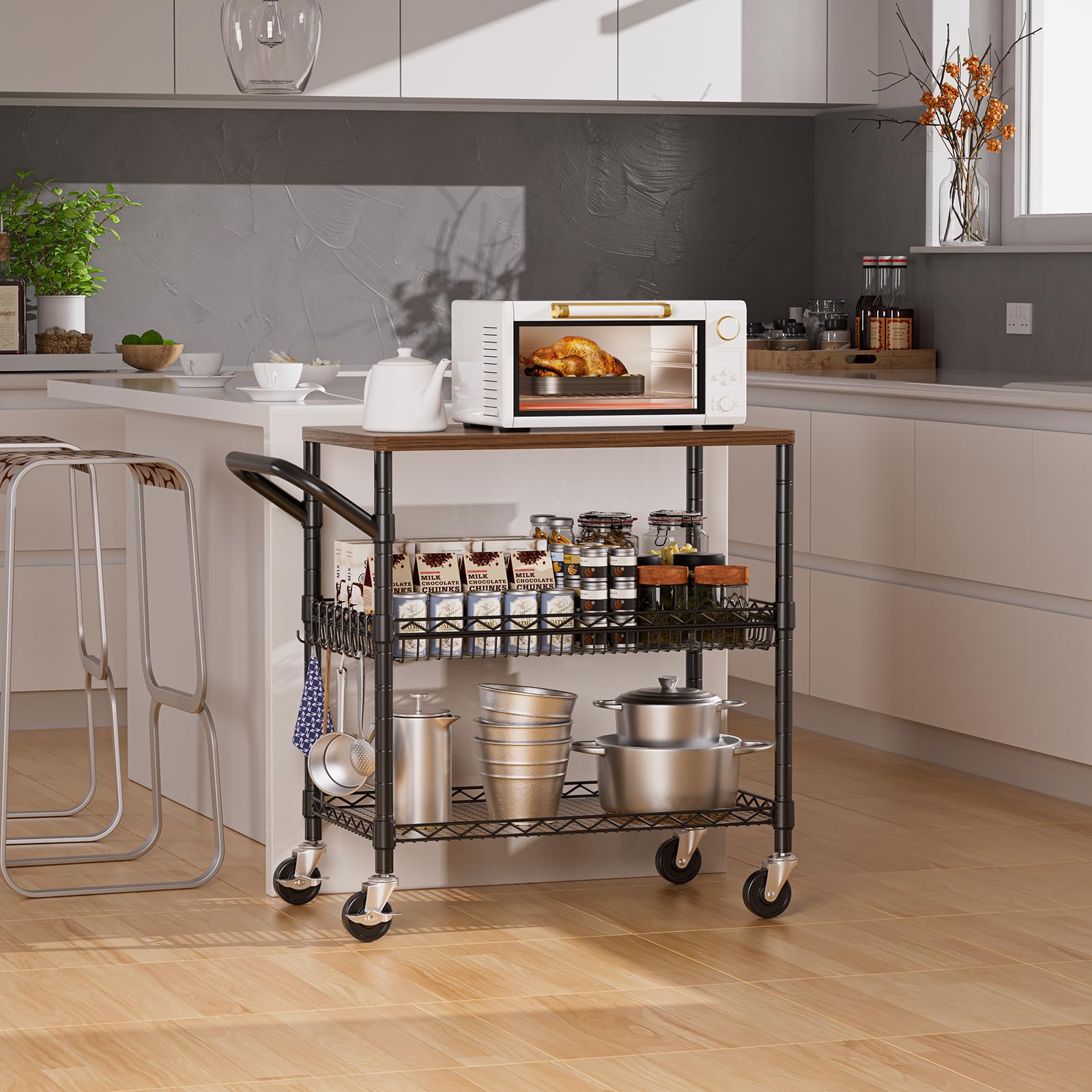 NTE Rolling Kitchen Carts on Wheels, 650Lbs Capacity 3 Tier Utility Cart with Wood Tabletop, Kitchen Storage Cart with 8 Hooks, Metal Serving Cart with Handle and Shelf Liners for Kitchen, Black