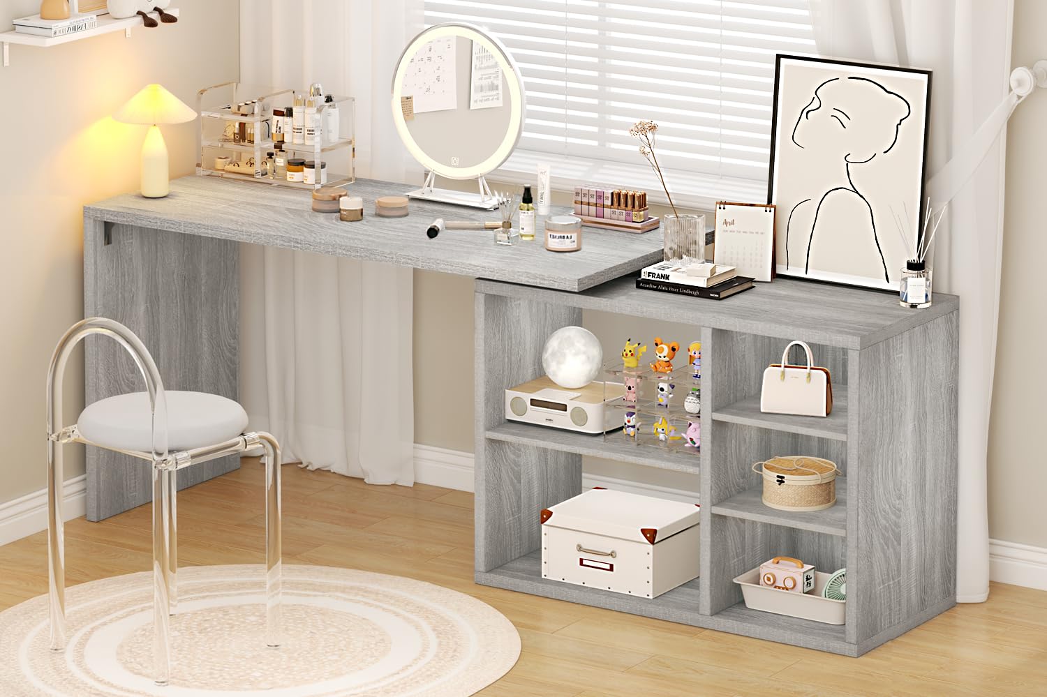 L-Shaped Corner Desk with Storage Shelves & Cabinet