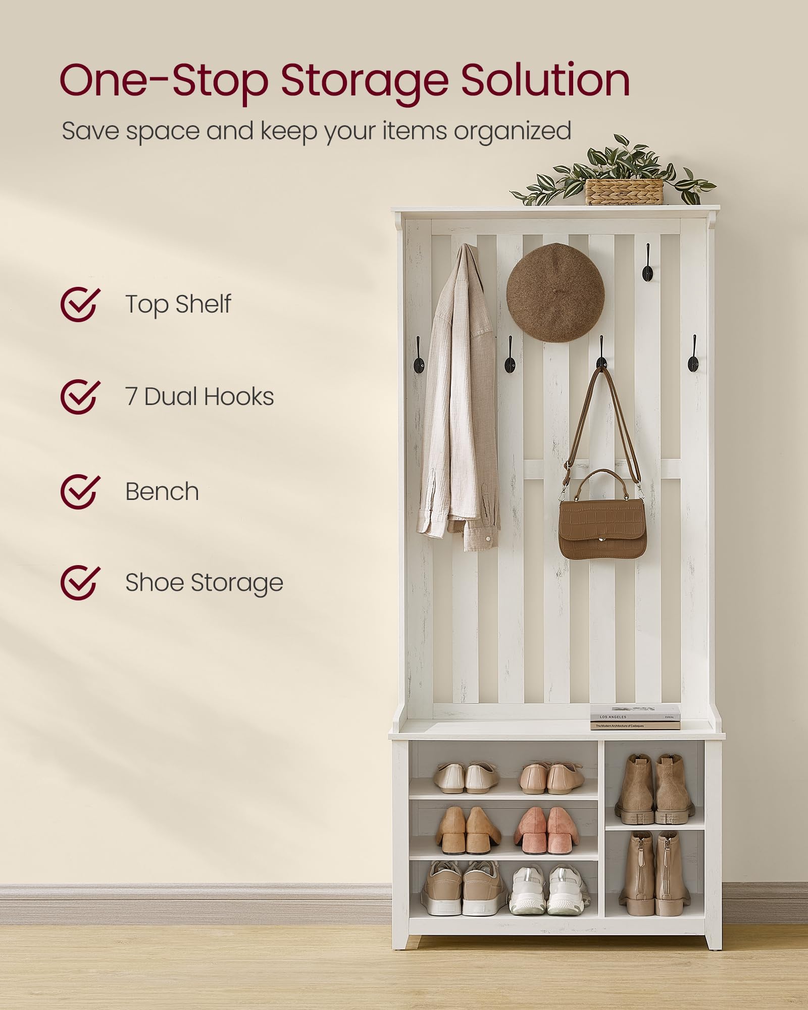 Hall Tree with Bench, Shoe Storage & 7 Double Hooks