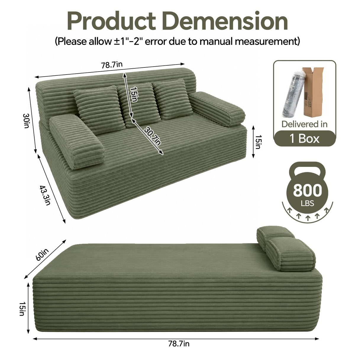 Zefurta 78" Futon Sofa Bed, Queen Size Boneless Corduroy Couch Bed (Green)