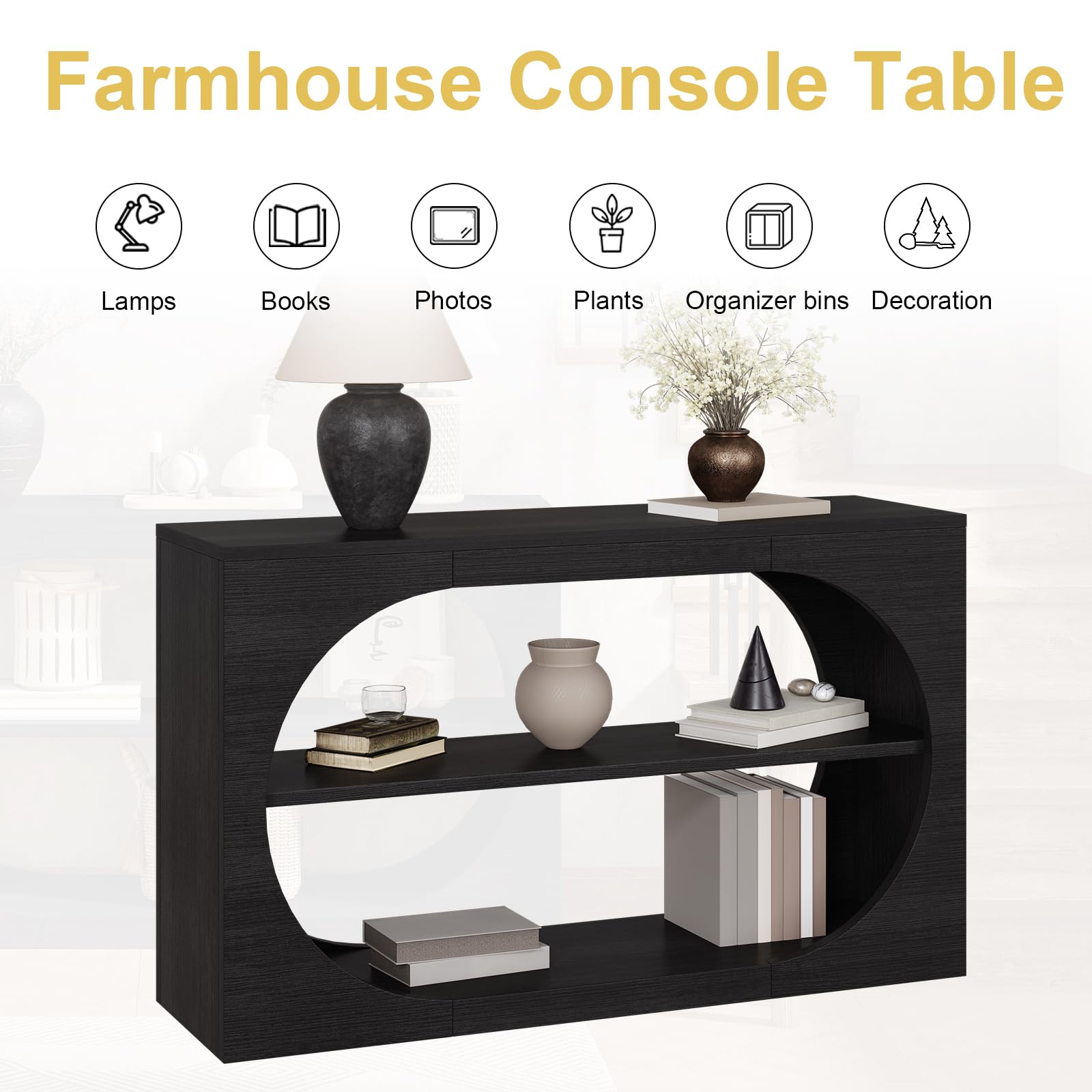 Tarnorci 55-Inch Entryway Table with Storage, 3-Tier Console Tables, Behind Couch Table Wood Narrow Console Tables for Entryway, Living Room, Foyer, Hallway, Entry (Black)