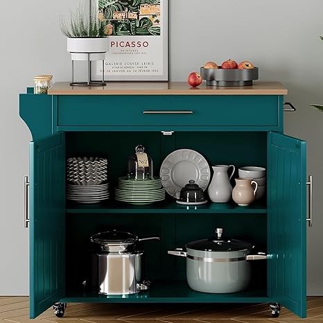 Rolling Kitchen Island with Storage & Wood Top