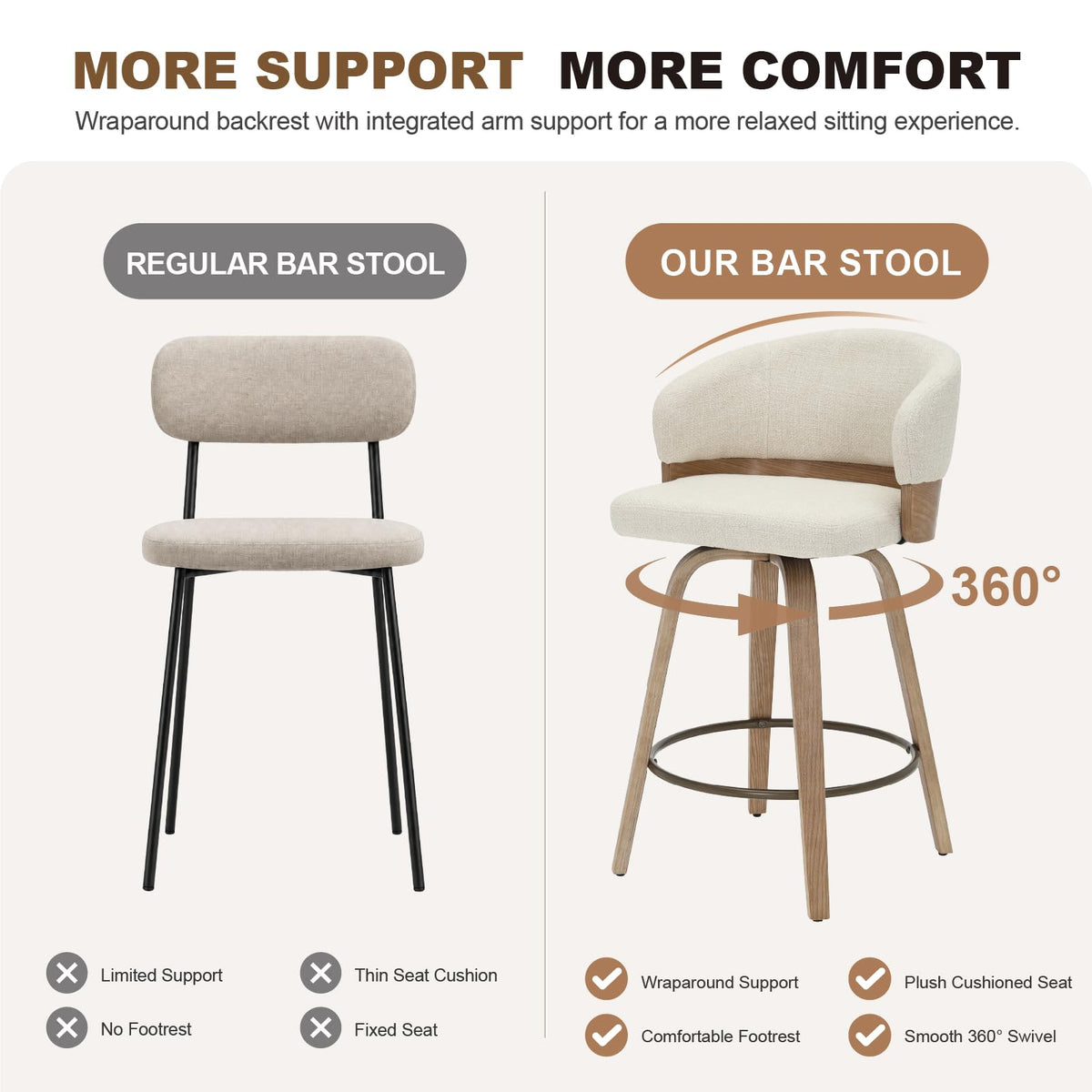 26" Swivel Counter Height Bar Stools Set of 2 for Kitchen Island, Beige