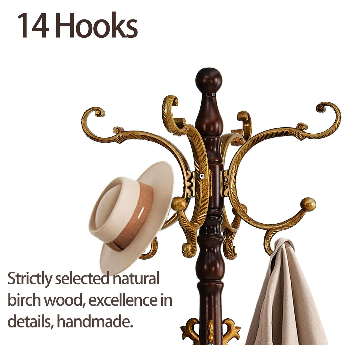 Yyzlscktt Coat Rack Freestanding, Wooden Coat Tree with Stable Round Base, Vintage Heavy Duty Coat Rack Stand with 14 Hooks, Coat Hanger Stand for Bedroom, Office, Entryway (Vintage)